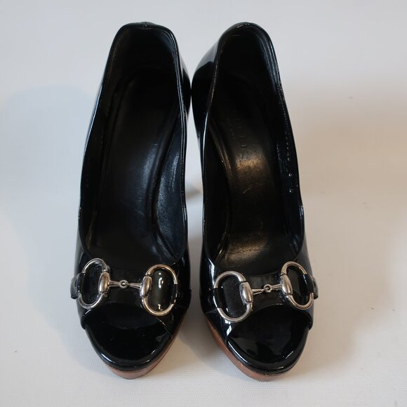 Women Gucci Black Patent Leather Horsebit Peep Toe Platform Heels 6 - Picture 2 of 16